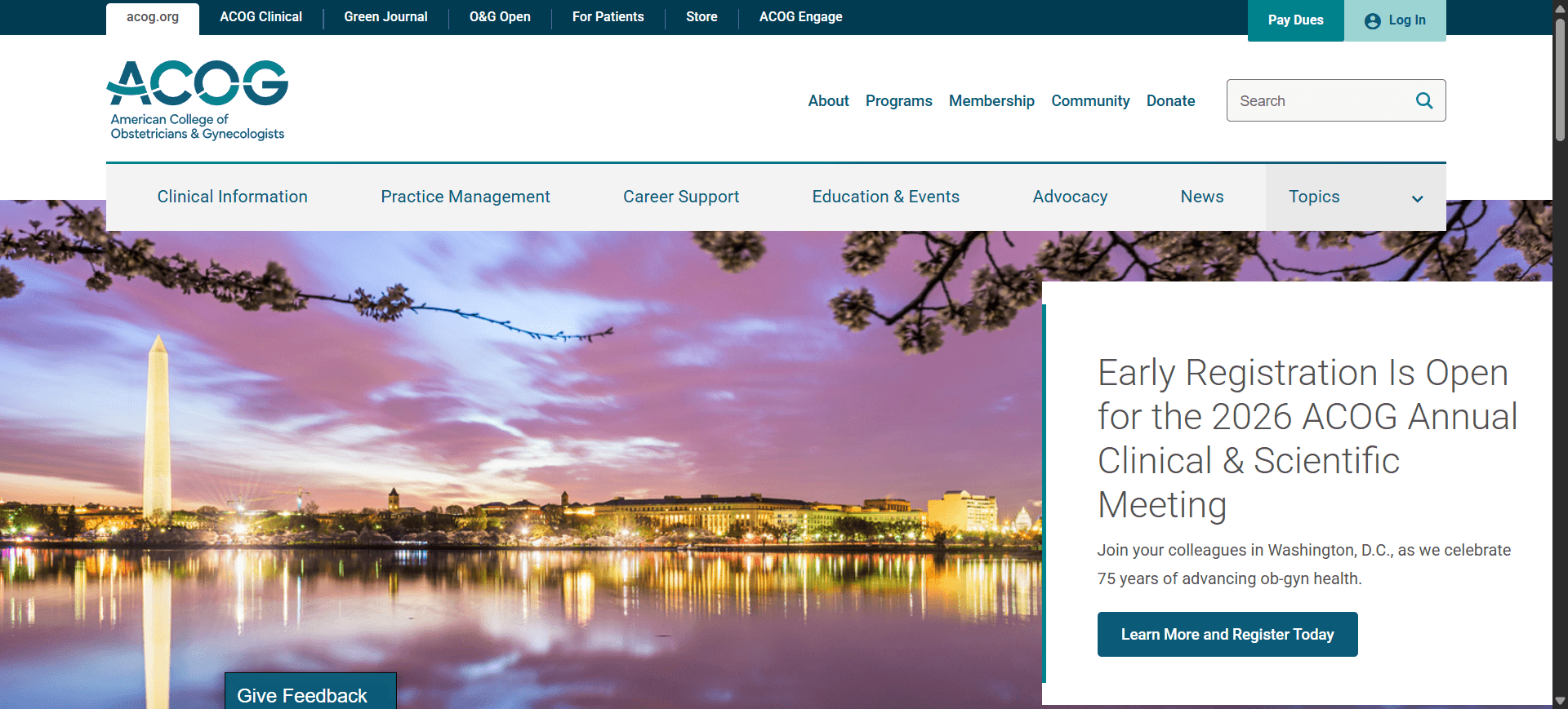 ACOG home page screenshot